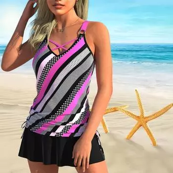 Женский купальник с бретелями и диагональными полосками, бикини с принтом, короткий купальник-майка S чёрный