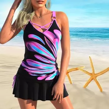 Женский купальник с бретелями и фиолетовым цветочным принтом, бикини с коротким топом, купальник S чёрный