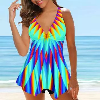 Женский купальник с бретелями и красочным треугольным принтом, бикини с коротким топом, купальник S разноцветный