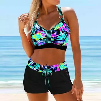 Женский купальник с бретелями и красочным флуоресцентным принтом, бикини с коротким топом, купальник S темно-синий