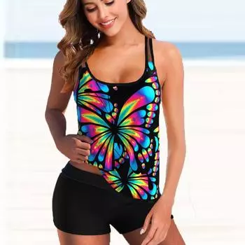 Женский купальник с бретелями и красочным принтом бабочки, бикини с коротким топом, купальник S синий