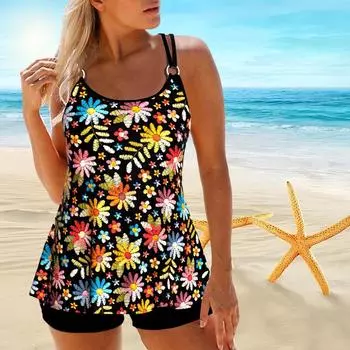 Женский купальник с бретелями и маленьким бикини с ромашками и короткой майкой. S белый