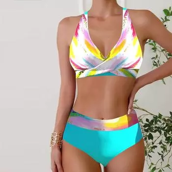 Женский купальник с бретелями и наклонными линиями, бикини с принтом, купальник-танкини S жёлтый