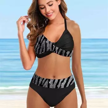 Женский купальник с бретелями и полосками, бикини с принтом, купальник-танкини S синий