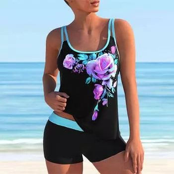Женский купальник с бретелями и принтом розы, бикини, купальник-танкини S синий