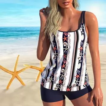 Женский купальник с бретелями и принтом морской звезды, бикини с коротким топом, купальник S темно-синий