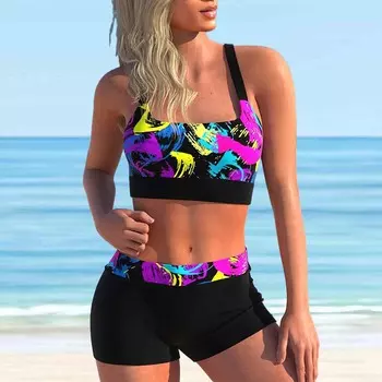 Женский купальник с бретелями и ярким масляным принтом, бикини с коротким топом, купальник S чёрный