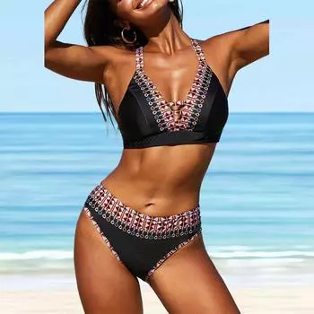 Женский купальник с бретелями и розовыми цветами, бикини, купальник-танкини S чёрный