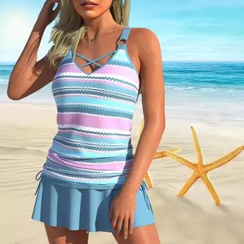 Женский купальник с бретелями и сине-розовым полосатым принтом, бикини с коротким купальником-майкой S чёрный