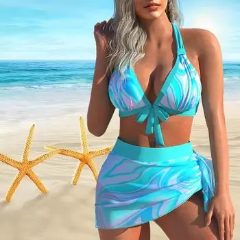 Женский купальник с бретелями и синим акварельным принтом, бикини с коротким топом, купальник S циан