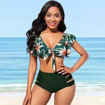Женский купальник с бретелями и зелеными цветами, бикини с принтом, купальник-танкини S зелёный