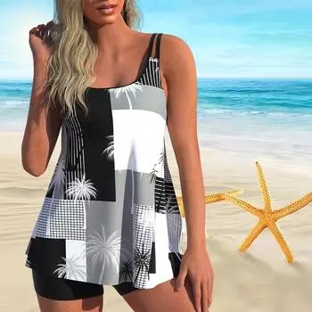 Женский купальник с бретелями, квадратный купальник с принтом кокосовой пальмы, бикини, короткий топ на бретелях, купальник S белый