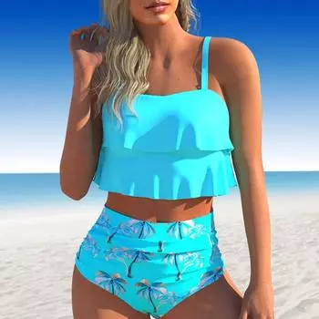 Женский купальник с бретелями, милый синий купальник-бикини с принтом, купальник-танкини S циан