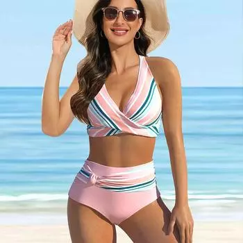 Женский купальник с бретелями на плечах Розовый мечтательный полосатый принт Бикини Купальник-танкини S розовый