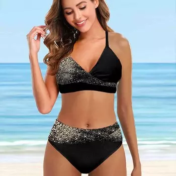 Женский купальник с бретелями на плечах, бикини с половиной блесток и золотым принтом, купальник-танкини S синий