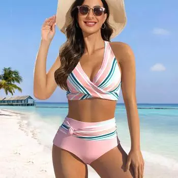 Женский купальник с бретелями на плечах, чередующимися полосками и бикини с принтом и коротким купальником-майкой S розовый