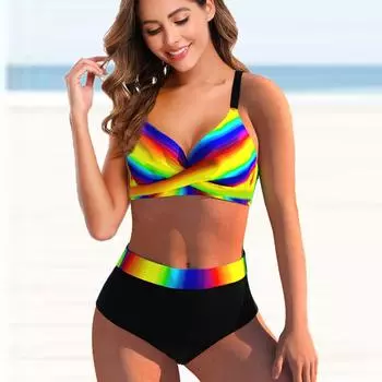 Женский купальник с бретелями на плечах и принтом «Радуга Аврора», бикини с коротким купальником на бретелях S разноцветный