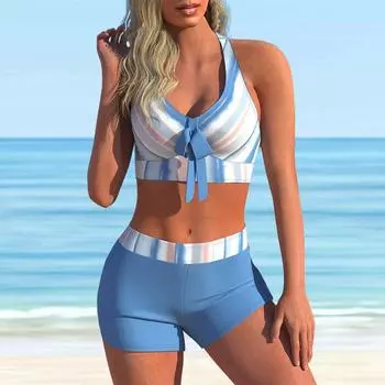 Женский купальник с бретелями, озеро, синяя полоска, принт, бикини, купальник-танкини S розовый