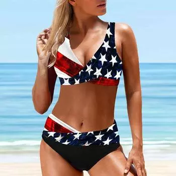 Женский купальник с бретелями, полосатый купальник со звездами, бикини, купальник-танкини S зелёный