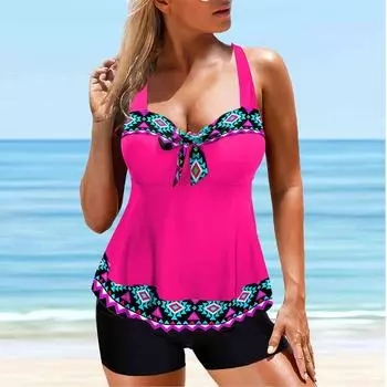 Женский купальник с бретелями ярких цветов, кружевной принт, бикини, купальник-танкини S циан