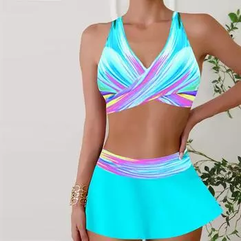 Женский купальник с бретелями ярких цветов, бикини с принтом, купальник-танкини S синий