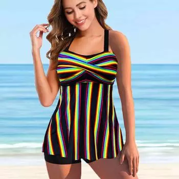 Женский купальник с бретелями, разноцветный купальник в градиентную полоску с принтом, бикини, купальник-танкини S разноцветный