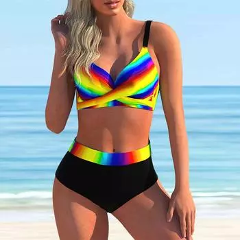 Женский купальник с бретелями, разноцветный купальник-бикини с радужным принтом, купальник-танкини S разноцветный