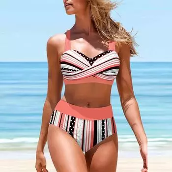 Женский купальник с бретелями, розовый купальник в горизонтальную полоску с принтом, бикини, купальник-танкини S синий