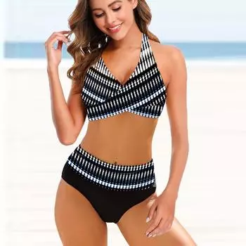 Женский купальник с бретелями, синее ожерелье с принтом, бикини, купальник-танкини S чёрный