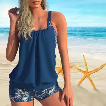 Женский купальник с бретелями, синий бикини с принтом павлина и короткая майка, купальник S чёрный