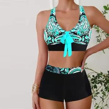 Женский купальник с бретелями, синий, бикини со сложным узором, купальник-танкини S чёрный