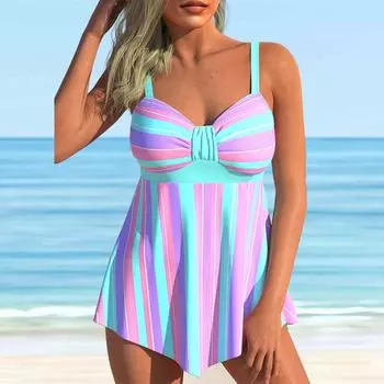Женский купальник с бретелями, синий, фиолетовый, в полоску, с принтом, бикини, купальник-танкини S синий