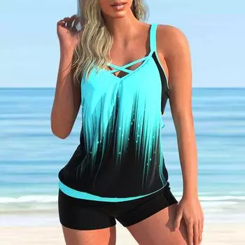 Женский купальник с бретелями, синий градиент с принтом капель воды, бикини, купальник-танкини S циан