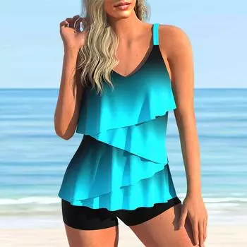 Женский купальник с бретелями, синий градиент, листья лотоса, принт, бикини, купальник-танкини S чёрный