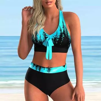 Женский купальник с бретелями, синий кипарисовый принт, бикини, купальник-танкини S синий