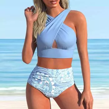 Женский купальник с бретелями, синий купальник-бикини с крестообразным принтом, купальник-танкини S синий