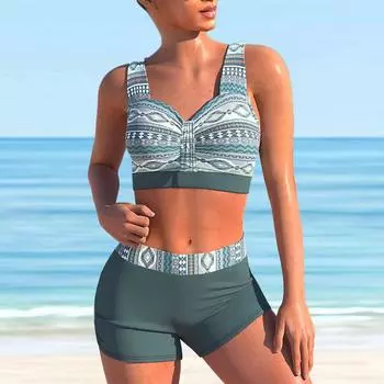 Женский купальник с бретелями, синий купальник в полоску с бантом и принтом, бикини, купальник-танкини S чёрный