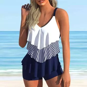 Женский купальник с бретелями, темно-синий купальник с принтом листьев лотоса, бикини, купальник-танкини S розовый