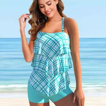 Женский купальник с бретелями, трехслойный зеленый сетчатый принт, бикини, купальник-танкини S синий