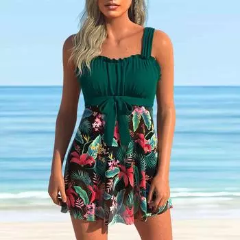 Женский купальник с бретелями, зеленый бант с цветочным принтом, бикини, купальник-танкини S розовый