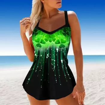 Женский купальник с бретелями, зеленый бикини со шлейкой и принтом, купальник-танкини S чёрный