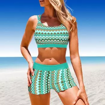 Женский купальник с бретелями, зеленый клетчатый узор, бикини с принтом, купальник-танкини, спортивные купальники S синий