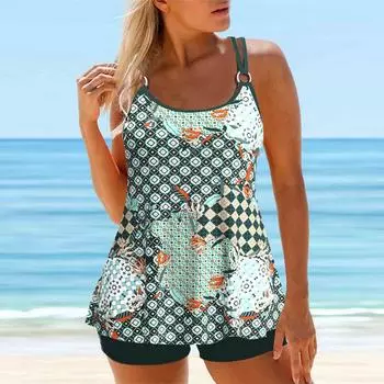 Женский купальник с бретелями, зеленый купальник с принтом, бикини, купальник-танкини S чёрный