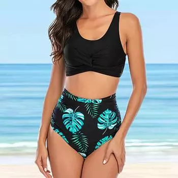 Женский купальник с бретелями, зеленый купальник с кристаллами и листьями, бикини, купальник-танкини M чёрный