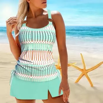 Женский купальник с бретелями, зеленый маленький купальник бикини с принтом и короткой майкой S зелёный