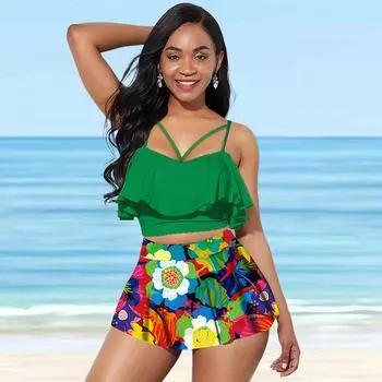 Женский купальник с бретелями, зеленый персонализированный купальник с принтом листьев лотоса, бикини, купальник-танкини S красный