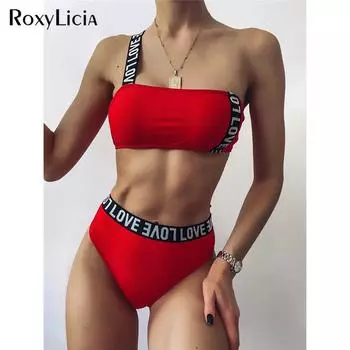 Женский купальник с буквенным принтом, бикини с высокой талией, женский купальник из двух частей, комплект бикини на одно плечо, купальный костюм S чёрный