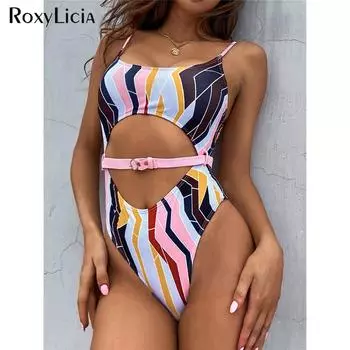 Женский купальник с цветным принтом и вырезом на животе, цельный купальник, женский купальный костюм с высоким вырезом, купальный костюм для женщин S