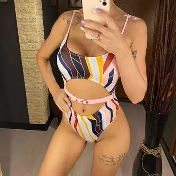 Женский купальник с цветным принтом и вырезом на животе, цельный купальник, женский купальный костюм с высоким вырезом, купальный костюм для женщин S