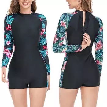 Женский купальник с цветочным принтом, цельный комбинезон с длинным рукавом и молнией сзади, боди для серфинга, пляжный купальник S